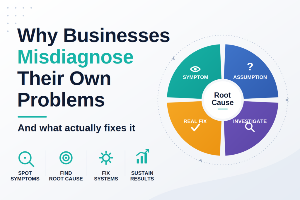 Blog header titled "Why Businesses Misdiagnose Their Own Problems, and what actually fixes it", with a four-segment circular diagram around a central "Root Cause" hub, labelled symptom, assumption, investigate, and real fix.